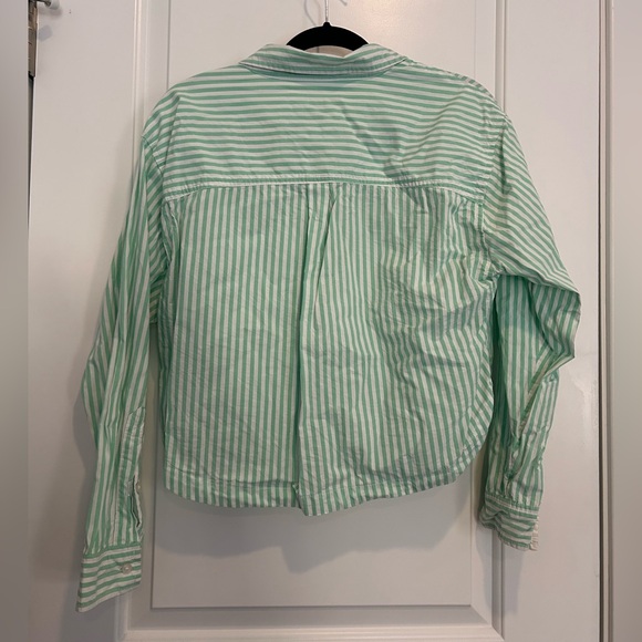 American Eagle Cropped Button Down Shirt Green White Striped - Picture 3 of 3